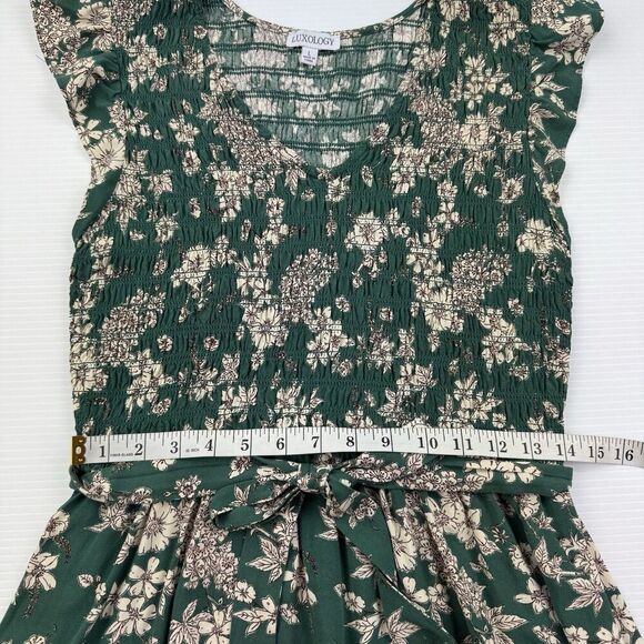 Luxology Green Floral Boho Midi Dress Large Smocked Top Tie Belt - Picture 8 of 9